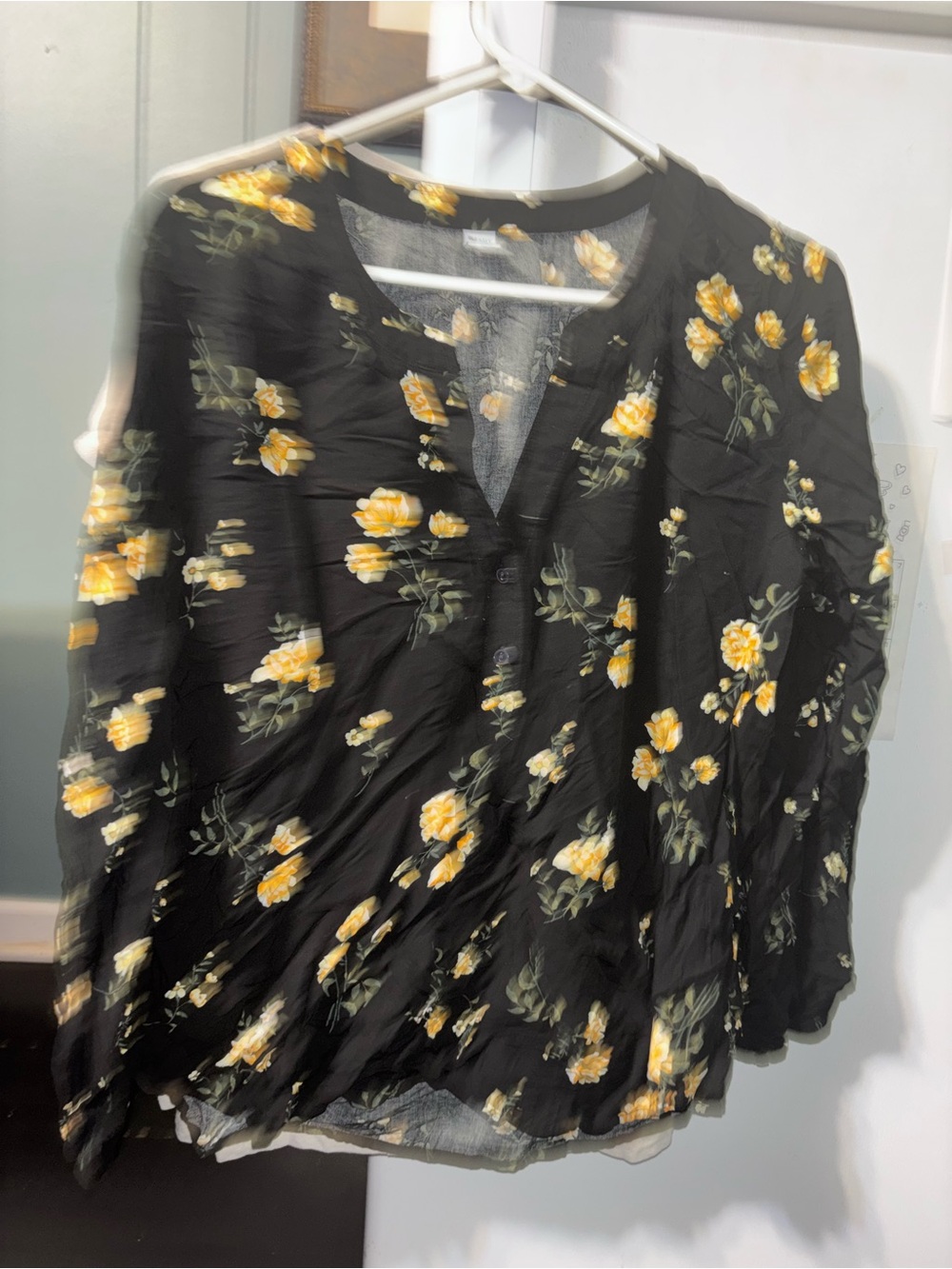Old Navy Black Floral Henley Blouse with Yellow Roses